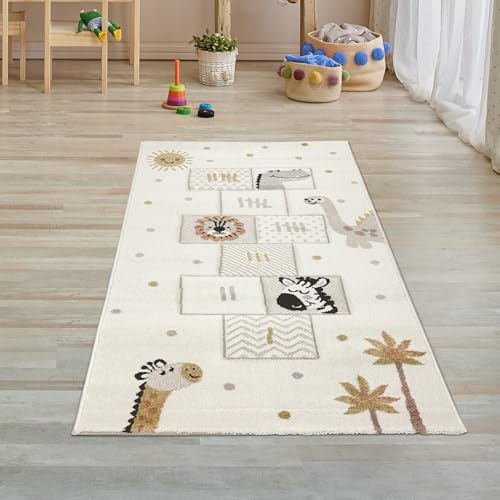 Teppich-Traum Teppich Spielzimmerteppich Kinderzimmer Spielecke Brücke Allergiker geeignet leichte Pflege Hüpfspiel mit Tieren Creme, 80 x 150 cm