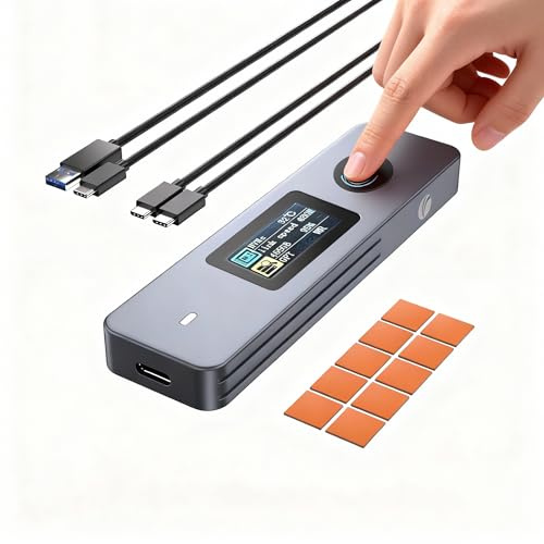 VCOM Fingeravtryckskryptering SSD-hölje med LCD-skärm, 10 Gbps | USB 3.2 Gen2 M.2 NVMe SATA-adapter, extern hårddiskadapter i aluminium för M-Key (B+M) 2230/2242/2280