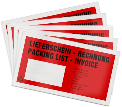 verpacking 100 Lieferscheintaschen 225 x 110 mm DIN Lang selbstklebend Dokumententasche für Rechnungen und Dokumente Rot bedruckt