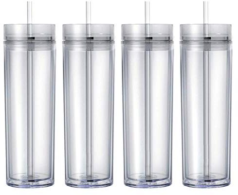 Maars Drinkware Dubbla väggisolerade smala akrylglas med sugrör och lock, 16 oz. (4-pack, klar)