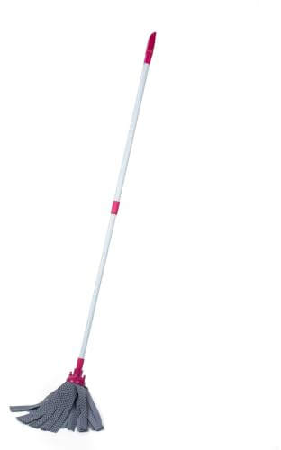 Kleeneze KL062536EU Balai à Frange, Manche Télescopique Extensible Jusqu’à 128 cm, Tête de Serpillière Supplémentaire Incluse, Trés Absorbant, Parfait pour Nettoyer les Sols Durs, Blanc/Rose