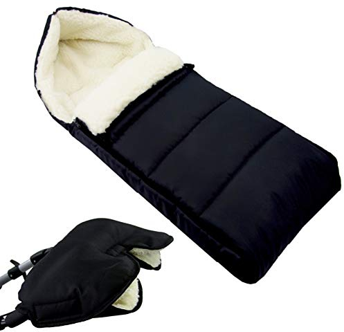 BAMBINIWELT Muff + Winterfußsack 108cm KOMBI-ANGEBOT - aus Lammwolle für Kinderwagen, Buggy, Radanhänger - WOLLE - LINIERT (schwarz)