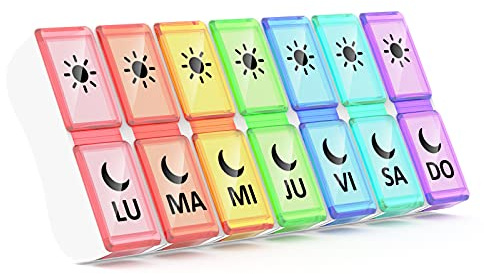 Pastillero Semanal Español 2 Tomas, Jaduoher Pequeño Organizador Medicamentos 7 Dias Diaria con 14 Compartimentos - Muticolor (Multicolor) (Multicolor)