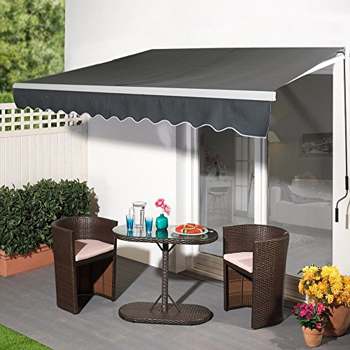 UISEBRT Toldo para balcón, 300 cm de ancho, de aluminio, con brazo articulado, protección solar, toldo de brazo de sujeción manual con manivela, impermeable, color gris oscuro (360 x 300 cm)