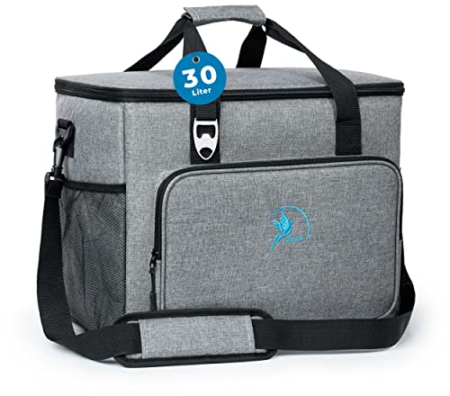 Obics Kühltasche Gross faltbar 30l Kühlbox Isoliertasche Grau für Auto, Strand - Lunchtasche Camping Zubehör - Picknick-Tasche groß - Gefriertasche & Essenstasche isoliert - Thermotasche wasserdicht
