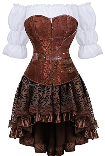 Corset klänning kjol Tutu Set kvinnor Steampunk Gotiska Punk Bustier pirat kostym Halloween plus storlek Brun S