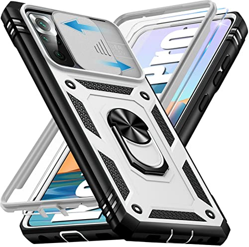 Giyer Handyhülle für Xiaomi Redmi Note 10 Pro Hülle mit Schutzfolie, Note 10 Pro Schutzhülle mit Kameraschutz 360° Drehbarer Metall Ring Ständer Stoßfest Note 10 Pro 6.67 Case Cover (Weiss)