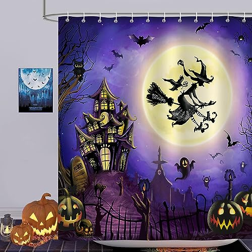 Bonhause Duschvorhang Halloween Hexe Vollmond Schloss Duschvorhänge 180 x 180 cm Anti-Schimmel Wasserdicht Polyester Stoff Waschbar Bad Vorhäng für Badzimmer mit 12 Haken