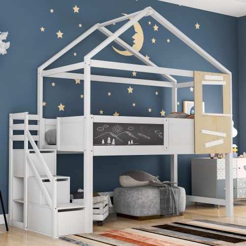 SogesHome Kinderbett Kinderzimmer Bett Hochbett Hausbett mit Tafel Treppe Fenster 3 Schubladen weiß, 90 x 200 cm
