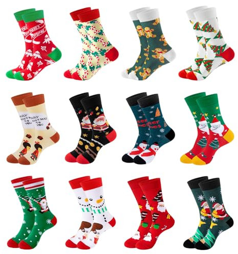 BOSCOW 12 Paires de Chaussettes de Noël pour Femmes et Hommes - Tailles 37-44, Couleurs Variées, Chaussette de Noël en Coton Idée Cadeau Couleur Motif Rigolote Socquettes Classiques