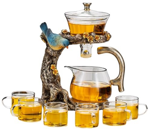 Fire Kirin Set di teiera in vetro con design a forma di uccellino, semi-automatica, ciotola rotante con infusore, set di teiera Lazy Kungfu (set di teiere)