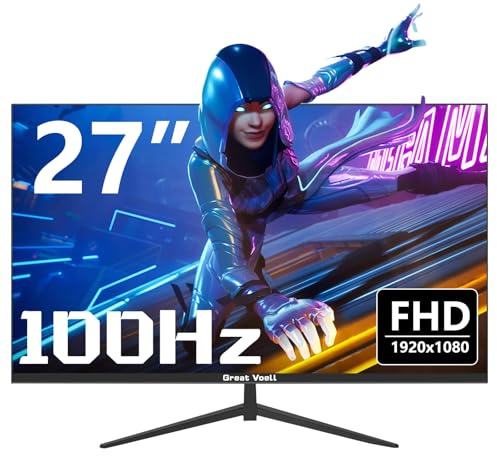 Great voell 27 Zoll Flacher Randloser Computer Monitor, FHD 1080P 100Hz, Integrierte Lautsprecher, HDR10, AMD FreeSync, VESA Montage, HDMI DP