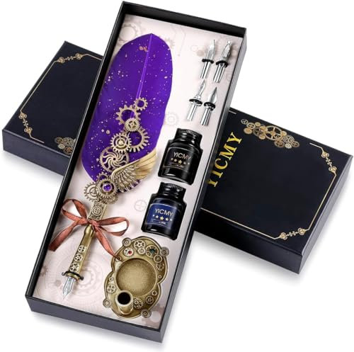Oauir Gusix Quill Pen Ink Set, Feather Pen Calligraphy Pen Set with 2 Inks, Pen Holder, Dip Pen Stationery Gift Calligraphy Set for Beginners Handwriting Lovers Birthday Christmas