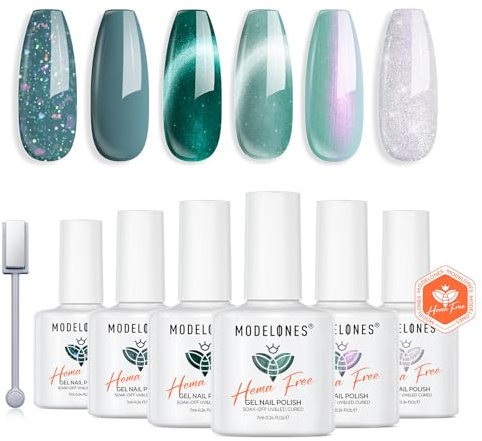 Modelones UV Nagellack Cat Eye Magnetisch 6 Farben Grün Glitzer Gel Nagellack UV Lack Gellack Set Gelnägel mit Magnet für Soak Off Gel Nail Polish French Manicure Nail Art Nageldesign