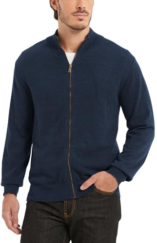 Kallspin - Cardigan en tricot avec fermeture éclair complète pour homme en coton pur col montant décontracté léger, Indigo, XXXL