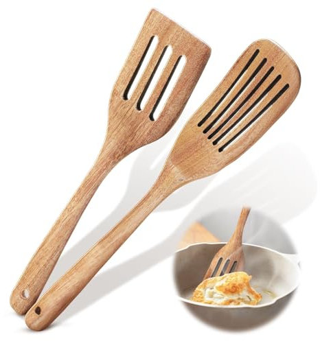 Lot de 2 spatules en bois pour la cuisine – Spatule en bois ajourée – Ustensiles de cuisine en acacia de qualité supérieure pour ustensiles de cuisine antiadhésifs, ustensiles de cuisine pour frire