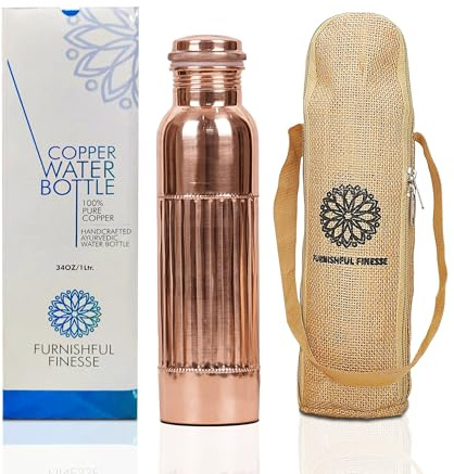 FURNISHFUL FINESSE Copper Water Bottle 1000 ml Pure Copper Bottles with Carry Bag For Sports, Yoga, Ayurvedic Vessels for Gym,Office,Hiking (Pack of 1, Natural Lining Bottle)