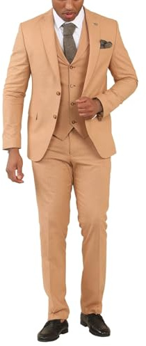 Men's Suit Camel 3 Piece Lightweight Linen Summer Wedding Formal Dress Suits
