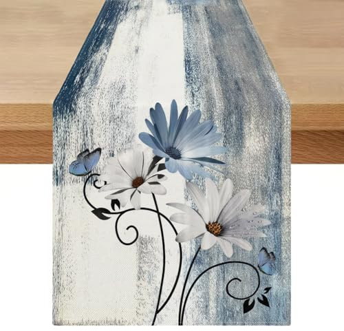 Tischläufer 40 x 140 cm Frühling Sommer Modern Blau Läufer Tisch Outdoor Wetterfest Tischläufer Blumen Gänseblümchen Tischdeko Saisonnal Waschbar für Küche Drinnen Draußen Bauernhaus