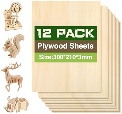 lompyeu Compensato 3mm, A4 300x210mm 12 Assi, Legno Artigianale per Intagliare il Legno, Fai da te, Modellismo