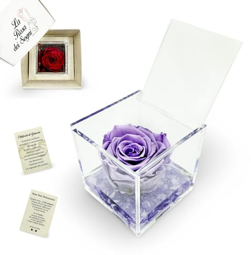 Tesori Nascosti Rosa stabilizzata profumata in Cubo Trasparente - Made in Italy - Confezione Regalo Elegante - Durata 5-7 anni - 12x12 cm (Lilla)