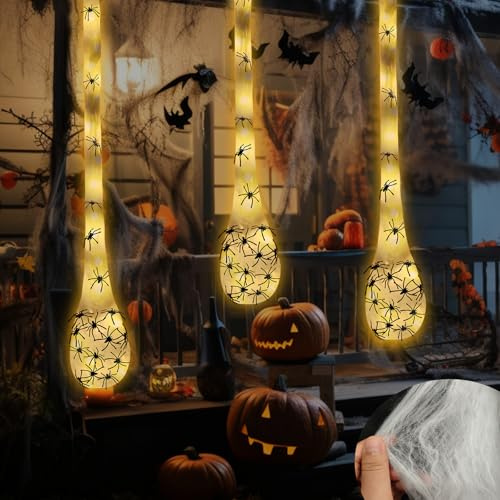 Halloween decorazioni, Ragnatele Halloween, Ornamento Luminoso a Forma di Uovo di Ragno, Lucine 3 Modalità di Illuminazione, Adatto per Giardini, Corridoi,Interno, Esterno