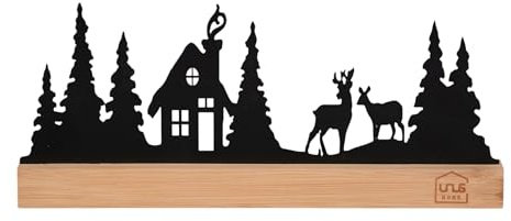 UNUS Aufsteller Haus im Wald mit Rehen Winterdeko aus Metall mit Bambusfuß | 30x13 cm Schwarz oder Weiß stimmungsvolle Silhouette für Tisch, Fensterbank oder Kommode