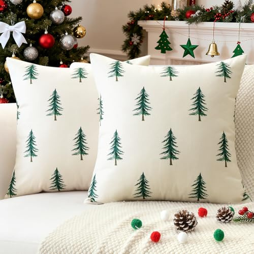 JOTOM 2er Set Weihnachten Kissenbezüge, Dekorative Weihnachtsbaum Doppelseitiges Muster Kissenbezug Moderne Kissenhüllen Dekokissen Zierkissenbezug für Wohnzimmer Garten (50x50cm, Grün)