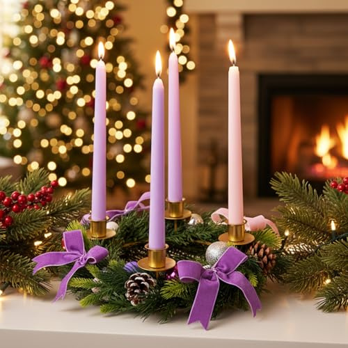 12-Inch Purple and Pink Ribbon Advent Wreath, Metal Catholic Advent Wreath Candle Holder, Christmas Centerpiece Decor, Xmas Decorations