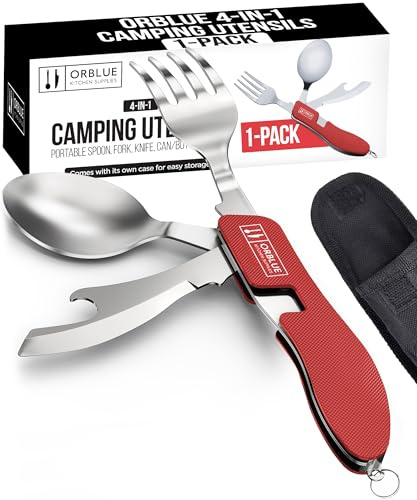 Orblue Set di utensili da campeggio 4 in 1, 1 pezzo, cucchiaio, forchetta, coltello e apribottiglie, portatile, in acciaio inox, set combinato – utensili multiuso da viaggio, zaino in spalla, rosso