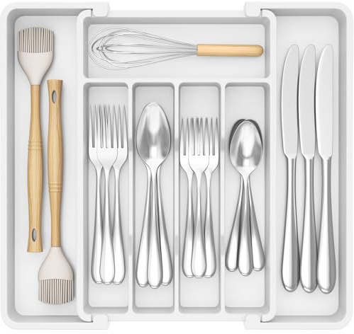 Lifewit Silverware Drawer Organizer, Expandable Utensil Tray for Kitchen, BPA Free Flatware and Cutlery Holder, Adjustable Plastic Storage for Spoons Forks Knives, 8.5-14 x 12, White