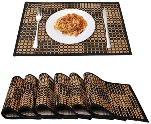 Placemats Set of 6 for Dining Table, Bamboo Place Mats for Kitchen Table Decor, Table Mats Heat Resistant & Non-Slip for Indoor/Outdoor Party, Table Placemats Set of 6 for Dinner Table Black