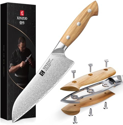 XINZUO 18,5cm Couteau Santoku Acier Composite -Professionnel Tranchant Acier à Haute Teneur en Carbone Couteau de Chef de Cuisine -Pour la Viande,Légumes,Poisson,Fruits -Poignée en Bois d'Olivier