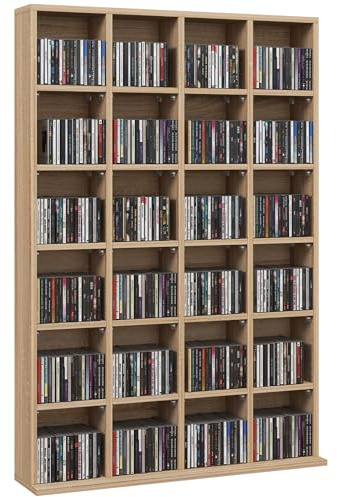 HOMCOM Mobile Porta CD con Ripiani Regolabili, Scaffale Porta 456CD/336DVD Salvaspazio in Legno, Mobile Portacd con 24 Scomparti, per Soggiorno, Camera da Letto, Ufficio, 89x20x130.5 cm, Color Legno