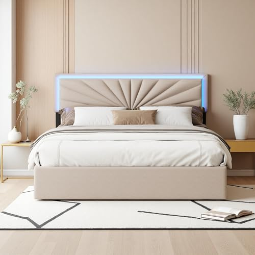 Zorvani Polsterbett 160×200cm mit LED, Doppelbett Stauraumbetten mit 4 Schubladen & Holz Lattenrost, Jugendbett mit Höhenverstellbare Kopfteil, Leinen, Beige
