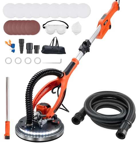 VEVOR Drywall Sander, 950W Electric Drywall Sander, Popcorn Ceiling Removal Tool with 7 Variable Speed 1000-2300 RPM, Double-Deck LED Light, Foldable & Extendable Handle, 15 Sanding Discs, Dust Hose