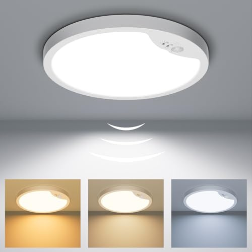 Deckenlampe mit Bewegungsmelder 18W 1800lm, Ø22cm, IP44, 3CCT 2700K–6500K | Erfassungsbereich Ø6–10m, Dämmerungssensor, einstellbare Leuchtdauer 30/60/120 Sek., für Flur, Keller, Bad und Treppenhaus