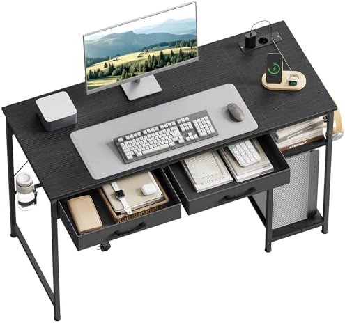 WOLTU Schreibtisch mit 2 Schubladen, Computertisch Schwarz, 120x51x75 cm | 2 Steckdosen, USB- und Typ-C-Anschluss, Kopfhörerhaken & Ablagen, für Homeoffice Schlafzimmer Wohnzimmer
