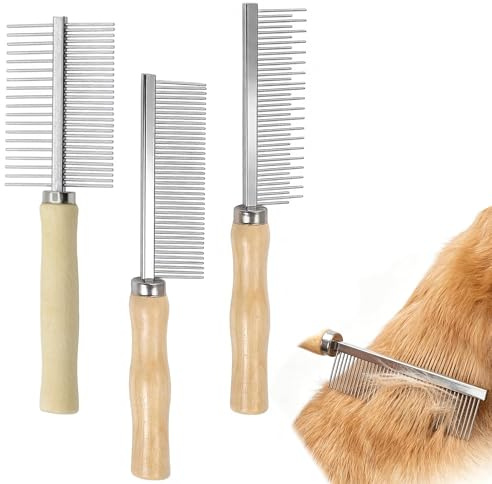 Ousuwo Lot de 3 peignes à manche en bois pour animaux domestiques à une rangée, double rangée et brosses de toilettage pour chiens, chats et petits animaux à poils longs et courts