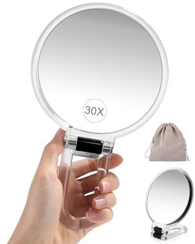 Wexeva Miroir à Main Miroir Grossissant 30X Double Face 1X/30X avec Poignée Pliable à 360°, Miroir de Maquillage Portable, Utilisable en Mode Main, Table ou Mur pour Voyage et Usage Quotidien