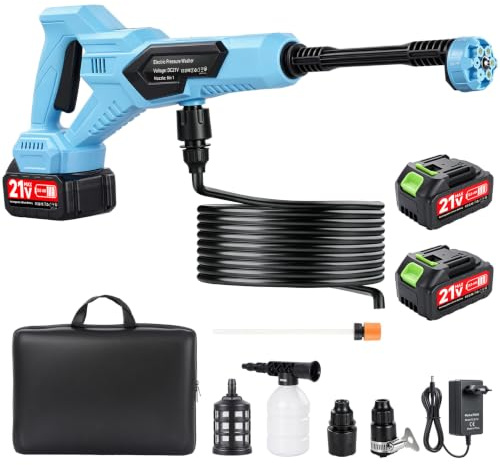 Limpiador de alta presión con batería de 21 V, pistola de alta presión portátil de 120 bares con batería de 2 x 3,0 Ah, boquilla 6 en 1, manguera de 5 m, limpiador a presión inalámbrico para coche