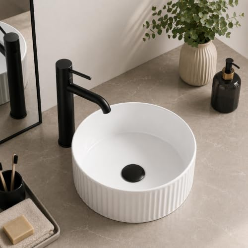 Modern White Ceramic Fluted Countertop Vanity Bathroom Basin Sink (Gloss White, Round (370x370) mm)