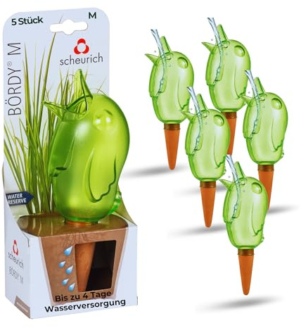 Scheurich Wasserspender Bördy M | 5 x Grün | 220ml Füllmenge | Bewässerungskugel klein mit Ton Fuß | Wasserspender Pflanzen und Blumen Terrakotta Stiel