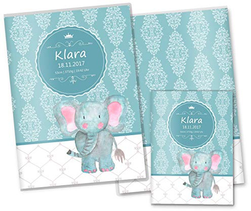OLGS U-Heft und Impfpasshüllen Set | Petrol Vintage | Untersuchungshefthülle und Impfpash Hülle | Perfektes Babygeschenk personalisierbar mit Namen (Uhefthülle, Impfpasshülle personalisiert, Elefant)