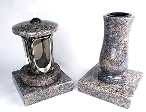 designgrab Runde Grablampe mit Rosette & Vase aus Granit im Set mit 2 Sockeln – handgefertigt, wetterfest & poliert – Himalaya – grau-rot