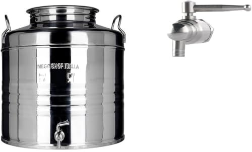 Megashopitalia Contenitore Bidone Fusto per Olio in Acciaio Inox 15 30 50 Litri Made in Italy con Guarnizione per Il Tappo e Rubinetto in Acciaio Inox Salvagoccia Incluso (15 Litri)