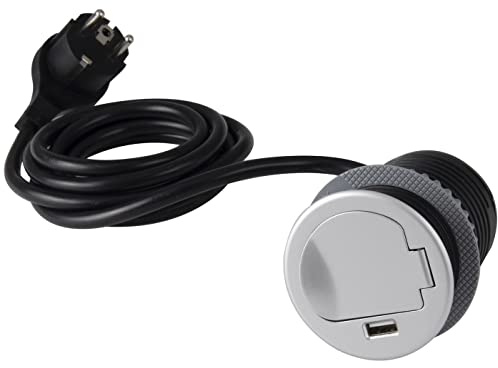 Lumonic SingleBox 1x Schuko Steckdose + USB 2,4A Tischsteckdose Silber I Steckdose mit 230V im Tower max. 3600W I Mit Bohrloch-Größe 65mm Ideal für den Einbau