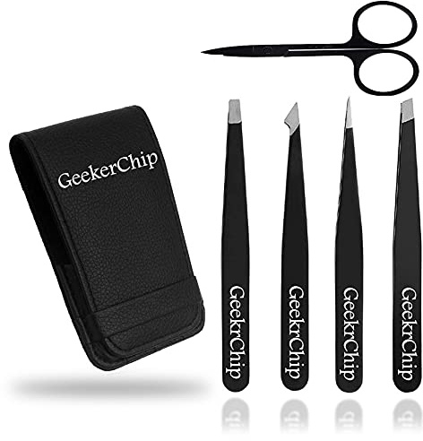 GeekerChip 5tlg Pinzette Augenbrauen Zupfen,Augenbrauen Pinzetten Set mit Schere und Ledertasche,Augenbrauenpinzette Profi aus Edelstahl,für Wimpernverlängerung und Haarentfernung