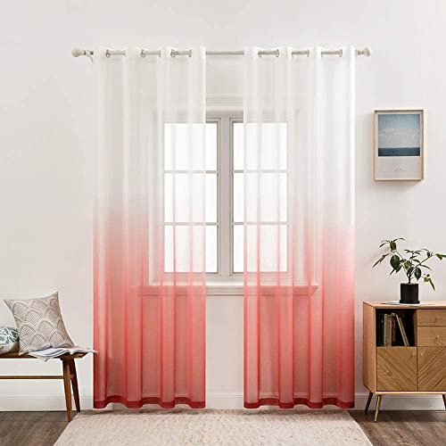 MIULEE Gardinen Transparent Vorhänge Farbverlauf Voile Sheer 2er Set Vorhang mit Ösen Dekoschal Fensterschal für Schlafzimmer und Wohnzimmer 215 cm x 140 cm(H x B) Weiß Rot