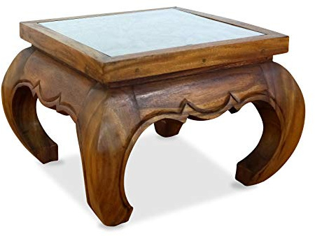 livasia Opiumtisch, Kaffeetisch, Couchtisch, Massivholztisch mit Schnitzerei u. Glasplatte (braun)